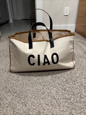 Canvas 'CIAO' Tote Bag in Cream with Black Handles and Tan Trim